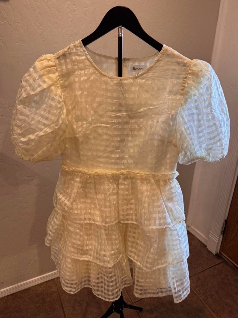 &merci Cream Puff-Sleeve Tiered Cottagecore Midi Dress